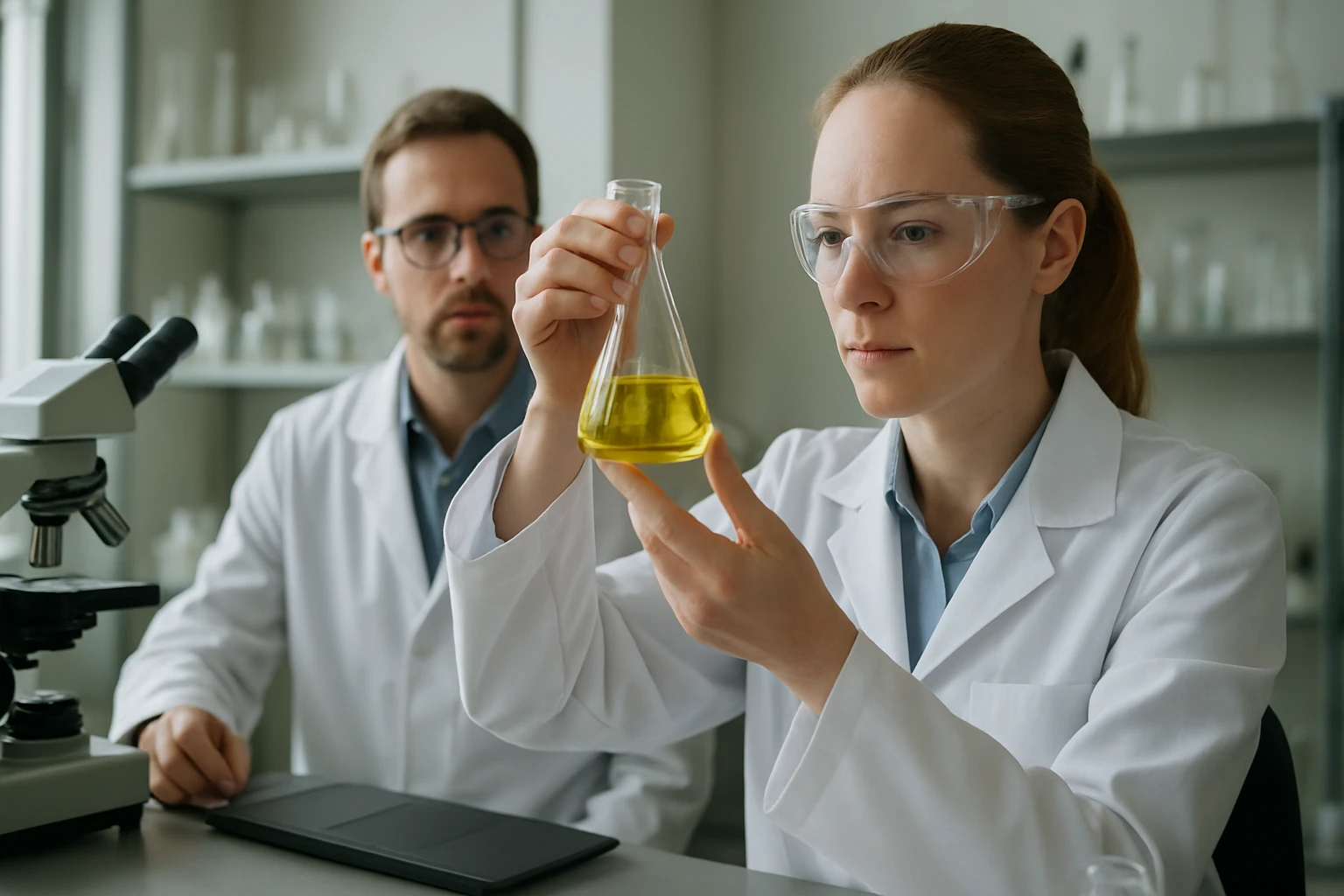 Két tudós grafit vegyületek elemzése laboratóriumban