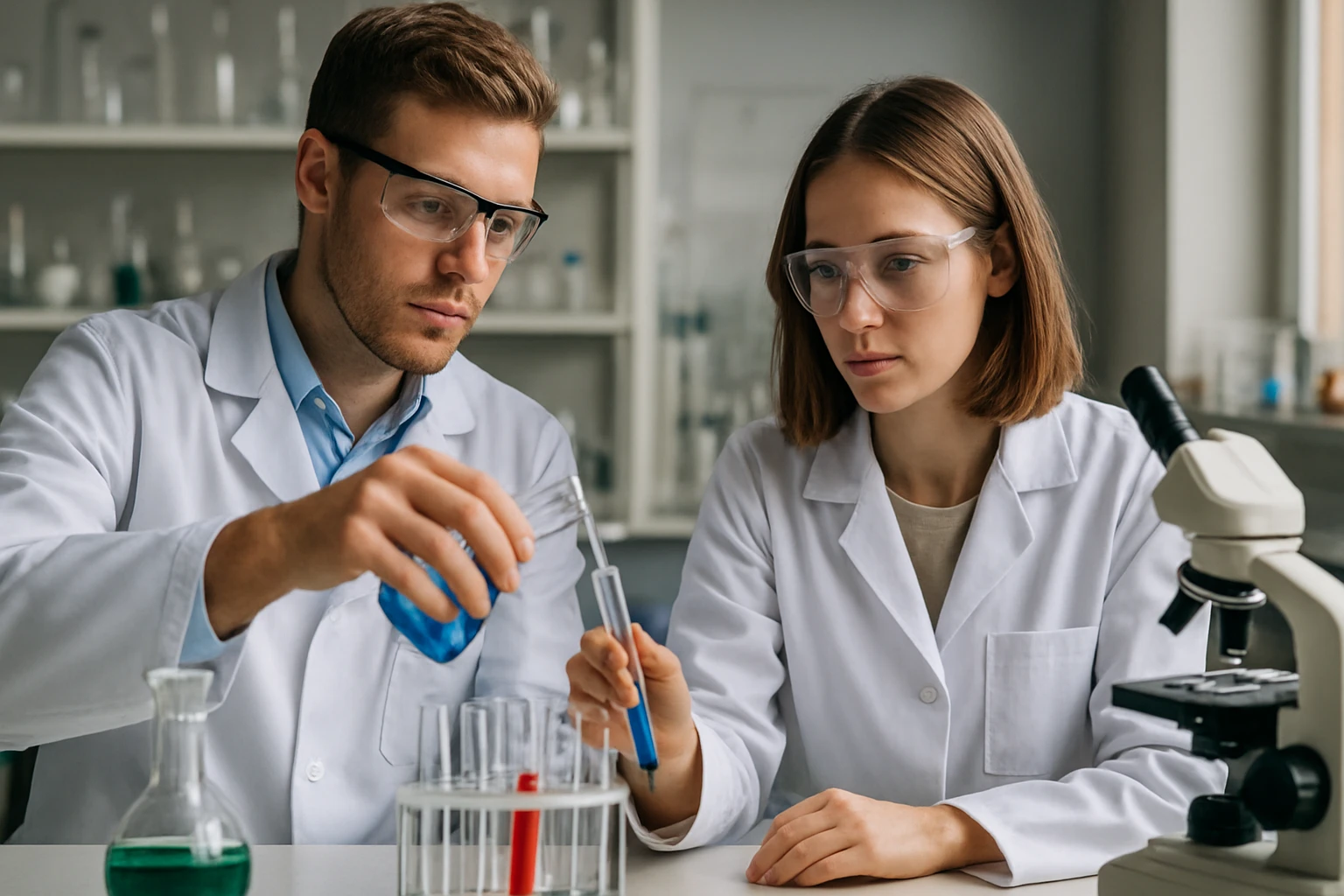 Két tudós a laboratóriumban, vegyületeket vizsgálva és kísérletet végezve.