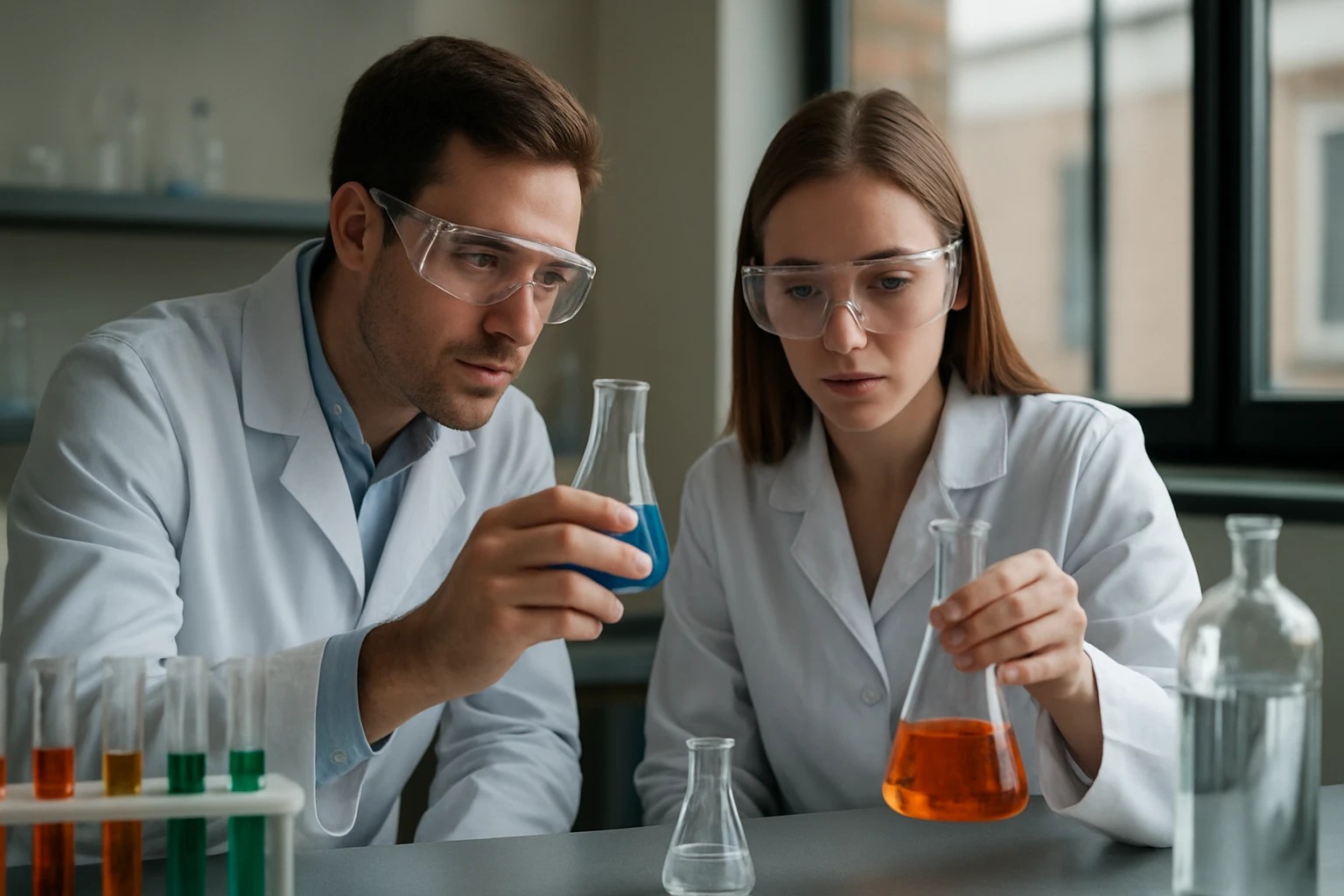 Két tudós laboratóriumban kémiai kísérletet végez, flakonokkal a kezükben.