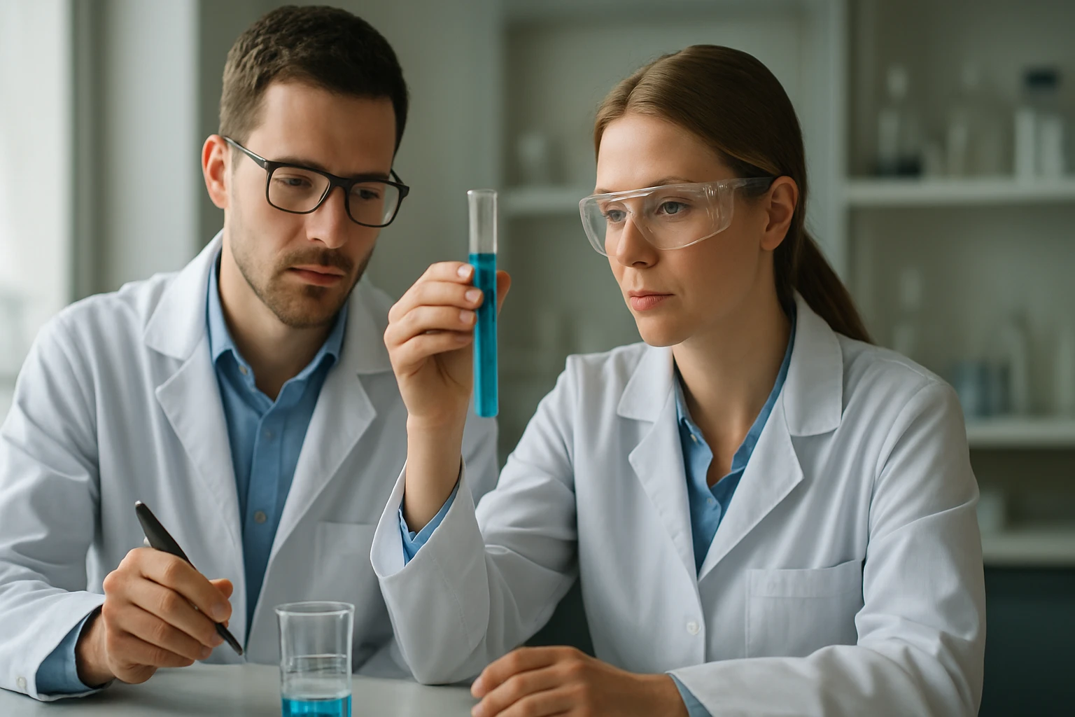 Két kutató a guanidin kémiai vizsgálatán dolgozik laboratóriumban