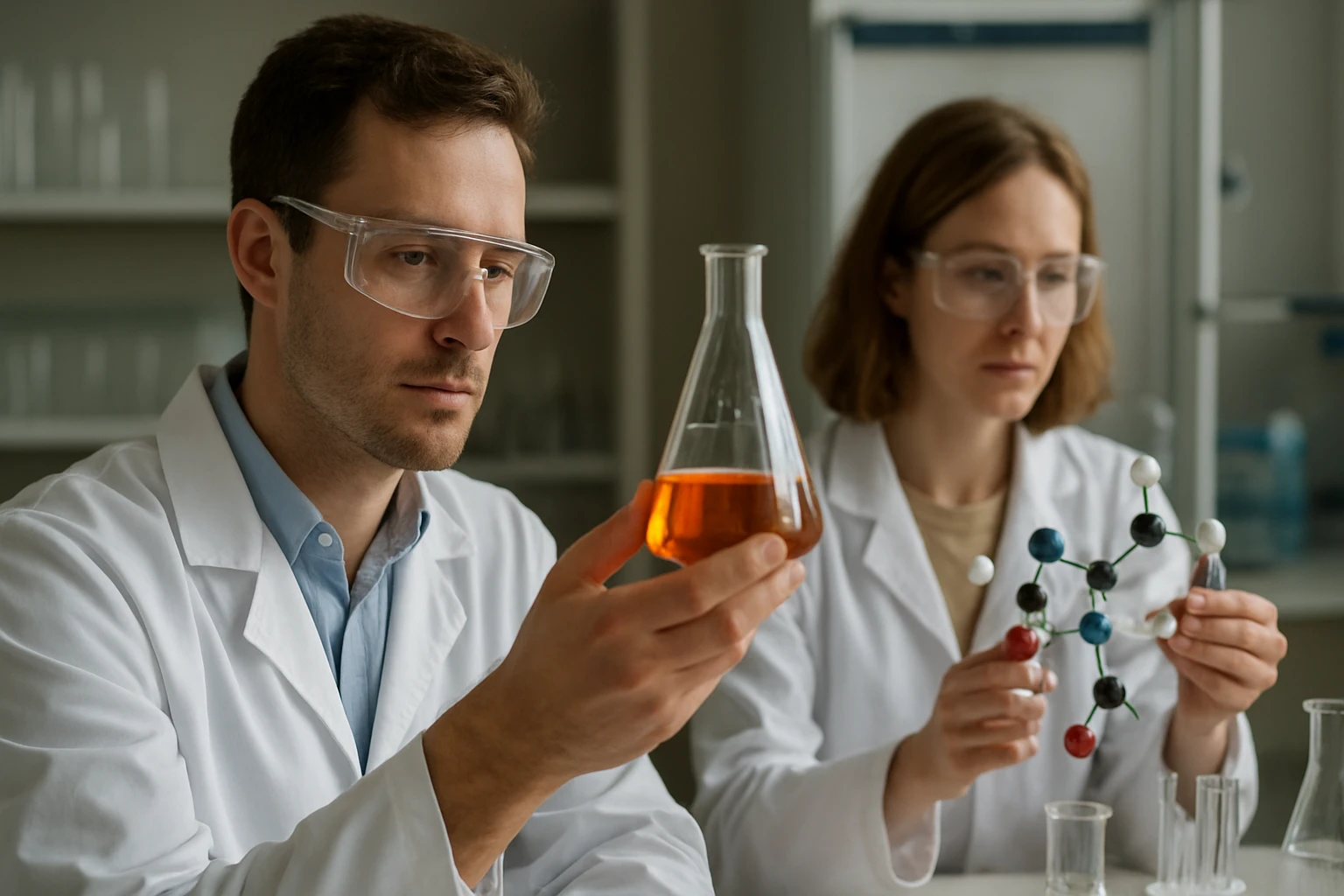 Kutatók laboratóriumban a guanidiniumion kémiai szerkezetével foglalkoznak.