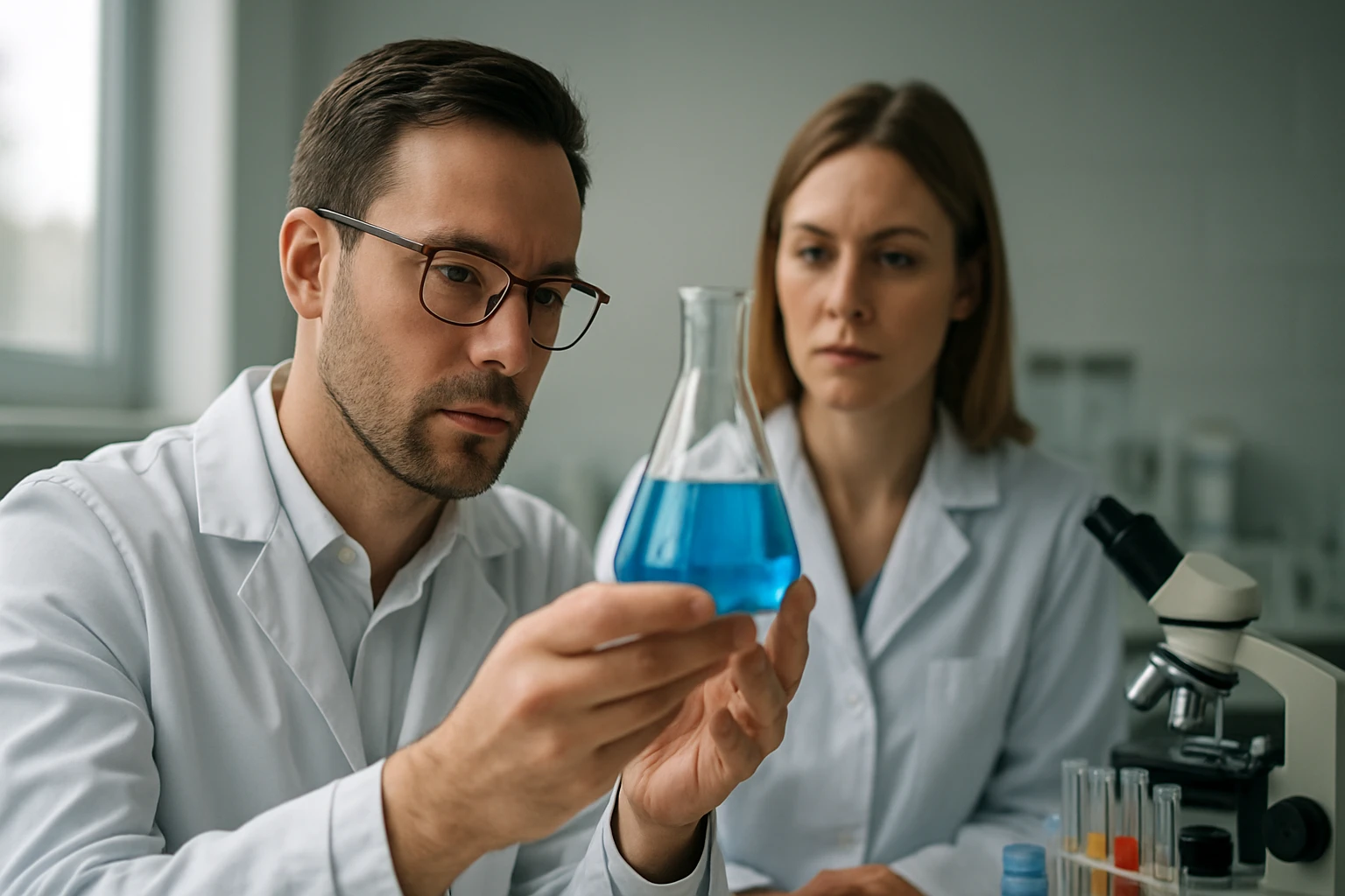 Két kutató vizsgál egy kékkel teli kémcsövet laboratóriumban.