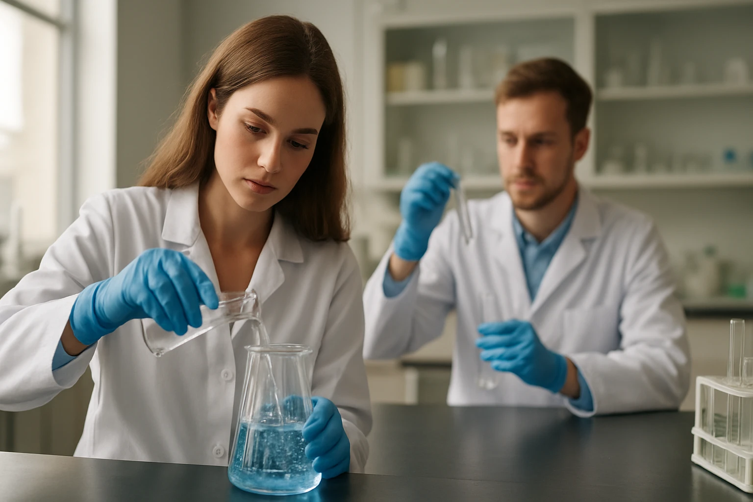 Fiatal biokémikusok laboratóriumi kísérletet végeznek.