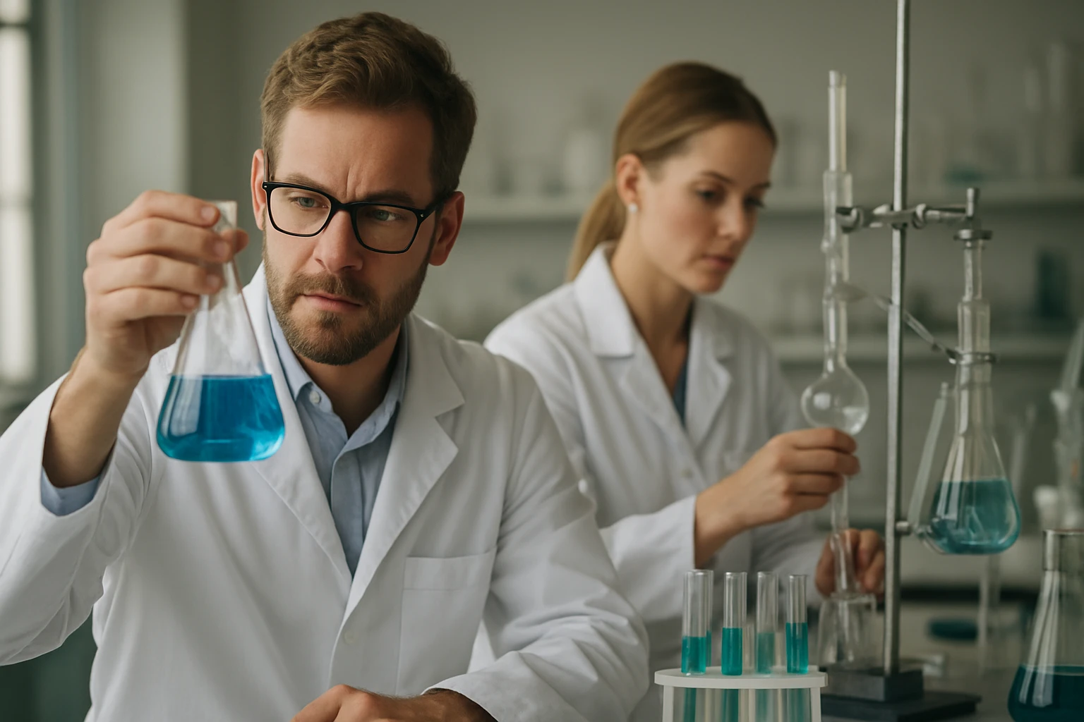 Az IUPAC szerepe az elméleti és alkalmazott kémia nemzetközi színterén Két kémikus laboratóriumban, kék oldatokkal végzik a kísérleteket.