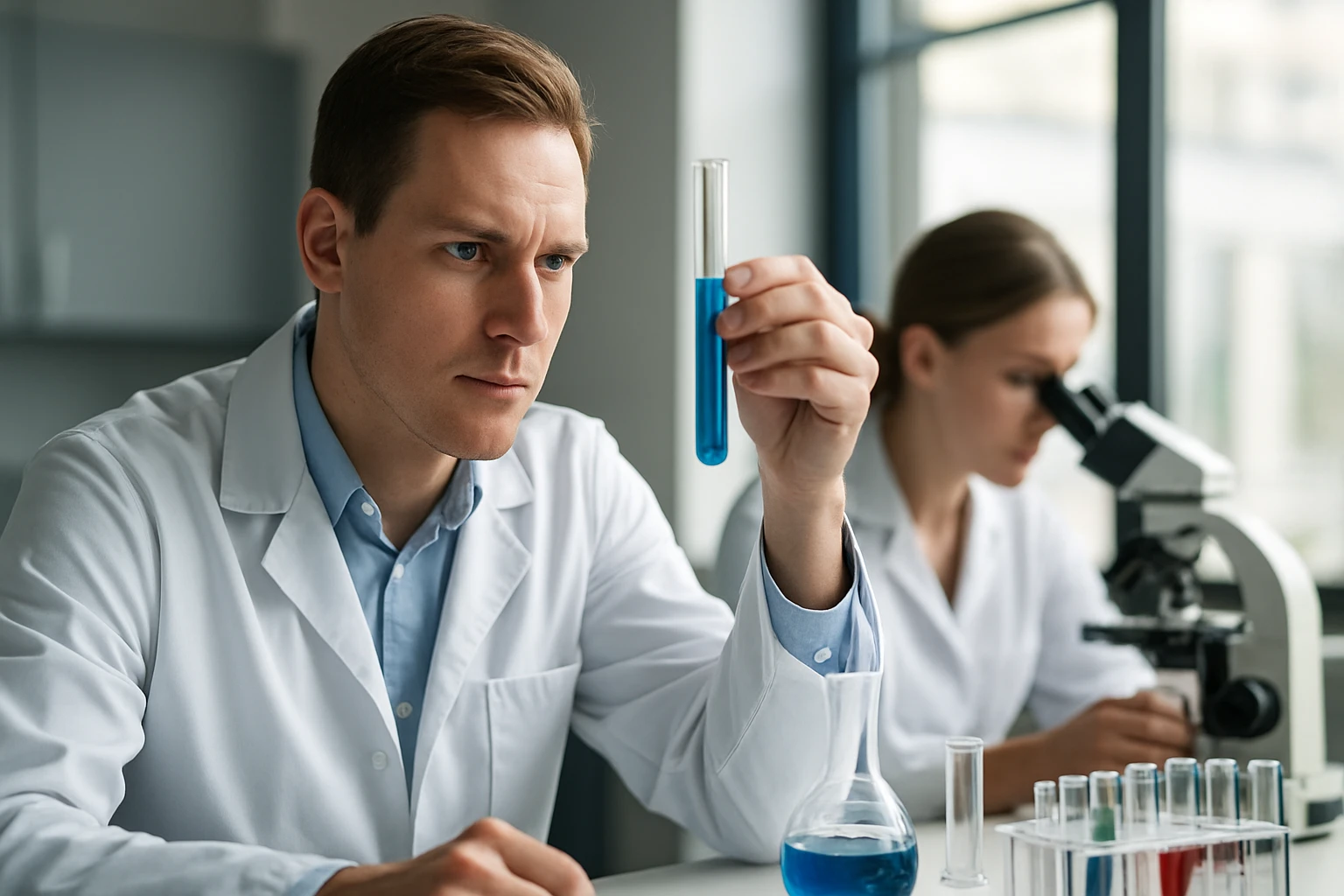 Kémikus laboratóriumban, tesztcsőben kék folyadékkal