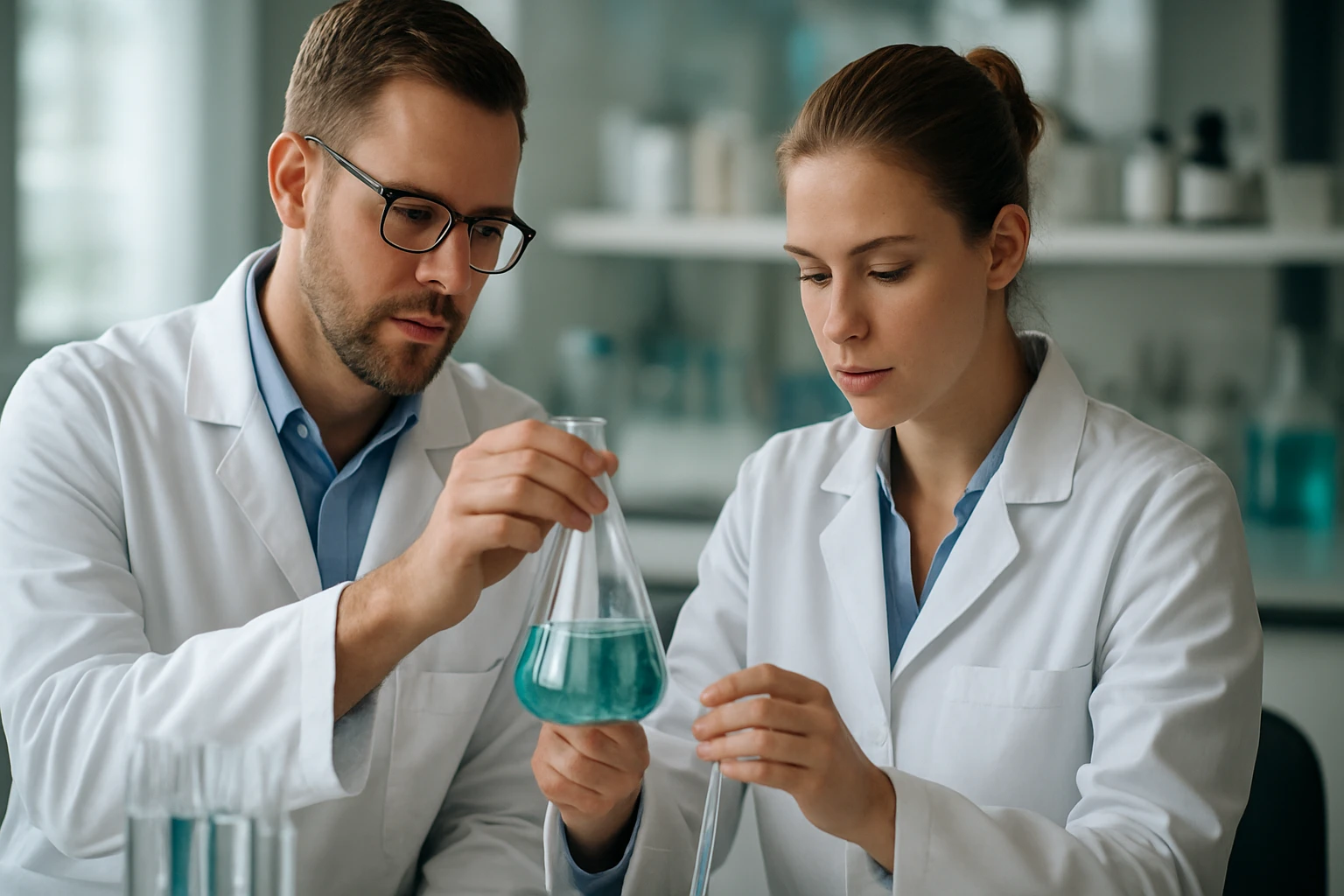 Kémiai kutatók gél kísérletet végeznek laboratóriumban.