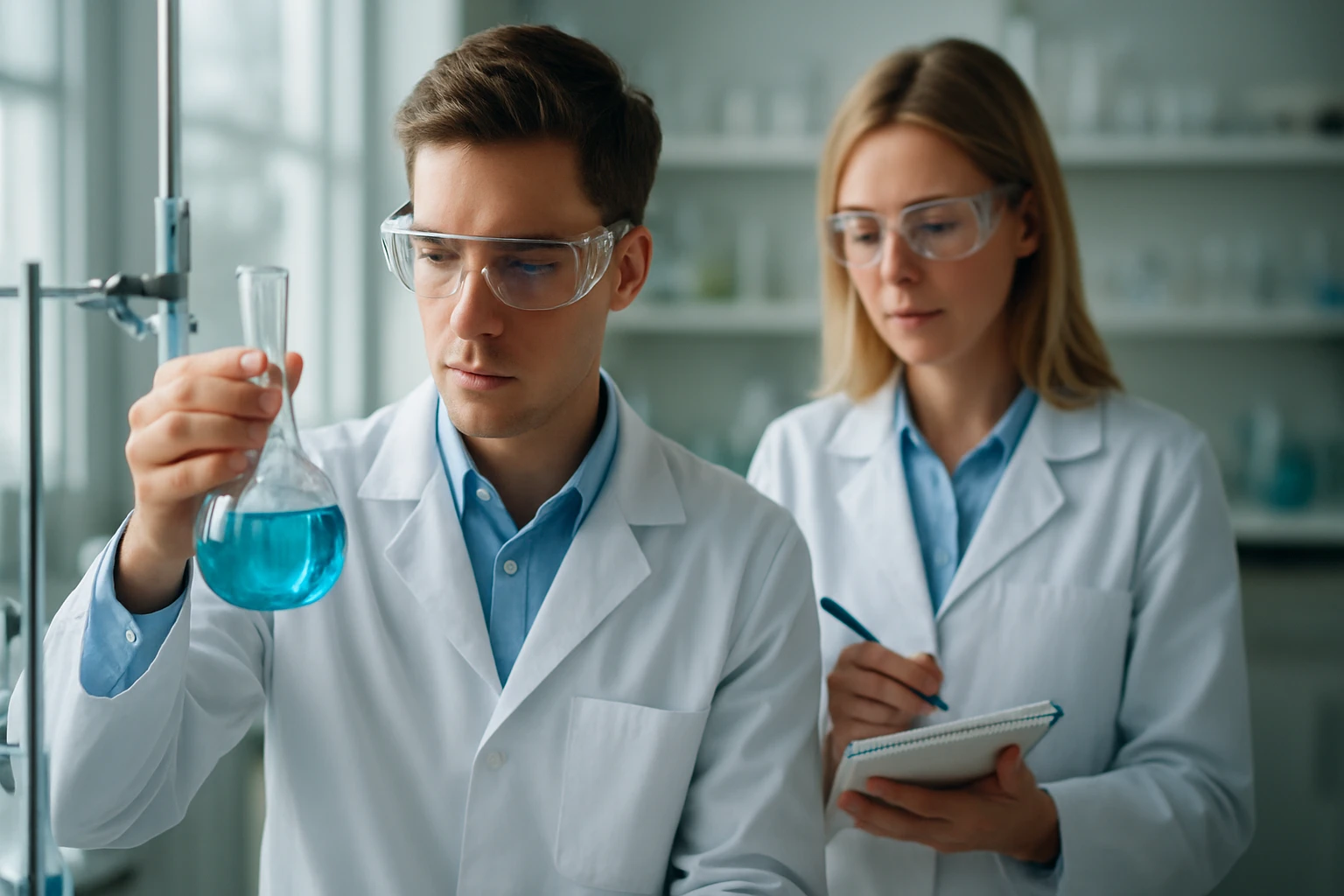 Két fiatal tudós laboratóriumban, kémiai kísérletet végezve.