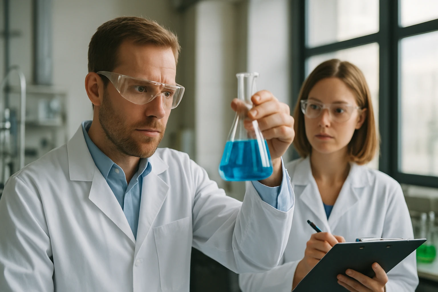Két tudós laborban dolgozik, egy kék folyadékot vizsgálva és jegyzetelve.