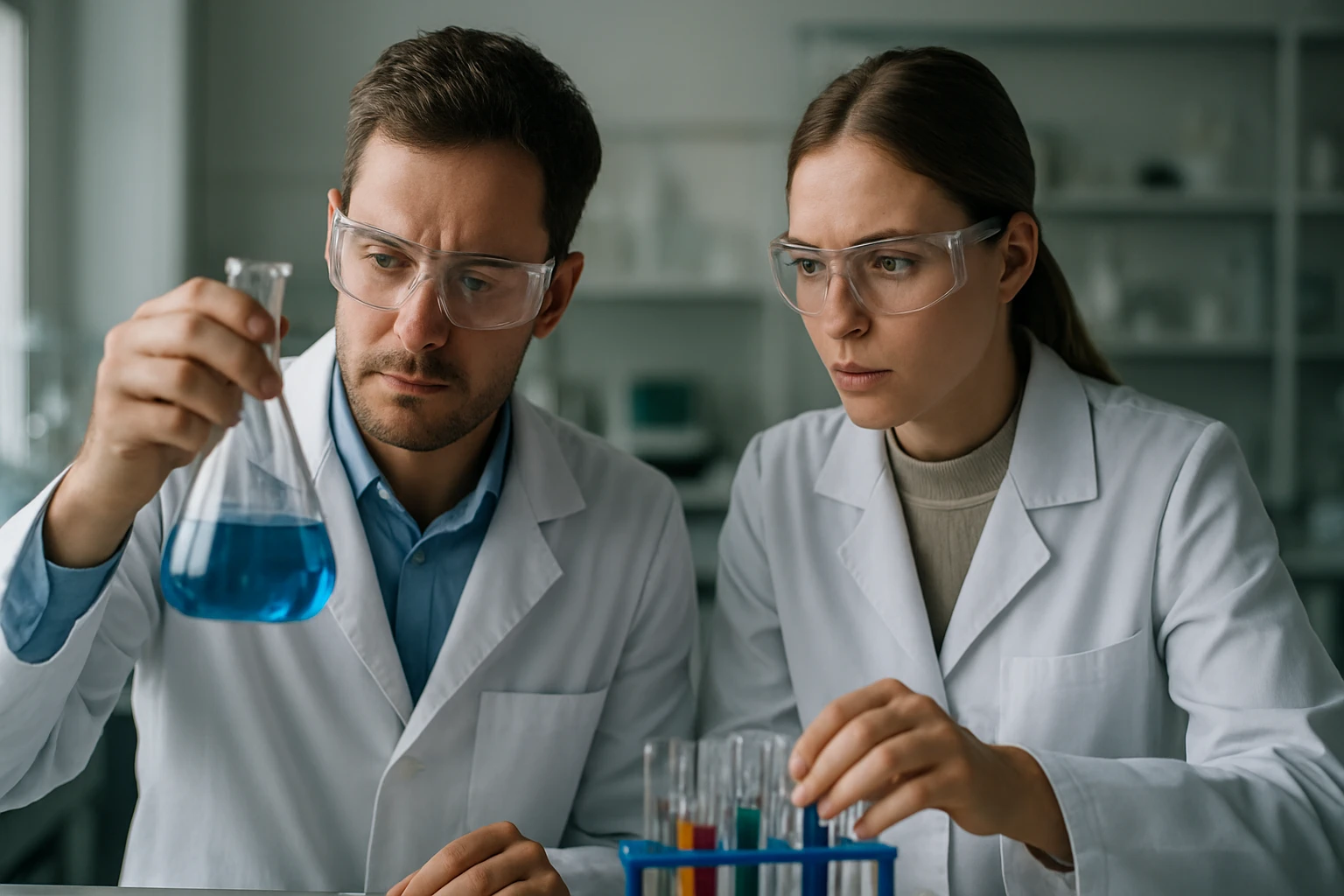 Két kutató laboratóriumi kísérletet végez karboxi-metil-cellulóz alkalmazásáról.