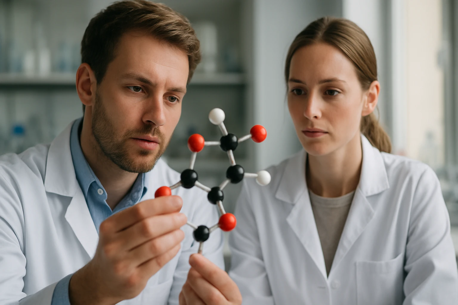 Kutatók kávésav molekulát vizsgálnak laboratóriumban.