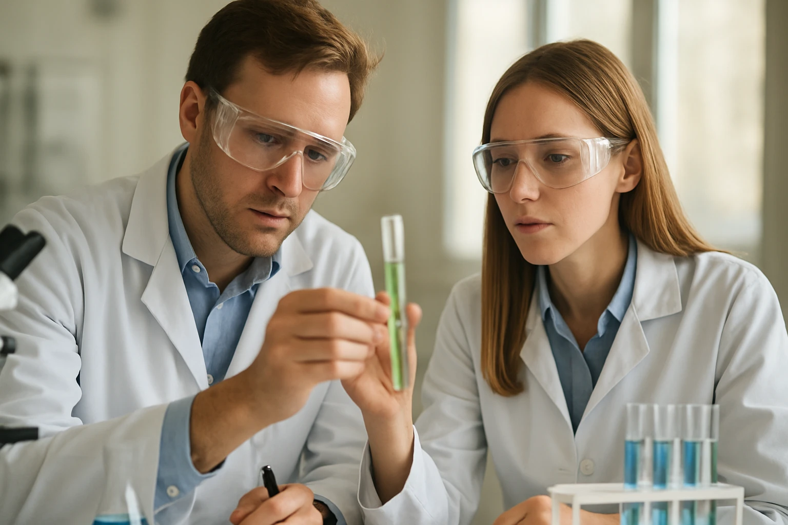 Két kutató laboratóriumi kísérletet végez zöld folyadékú kémcsővel.
