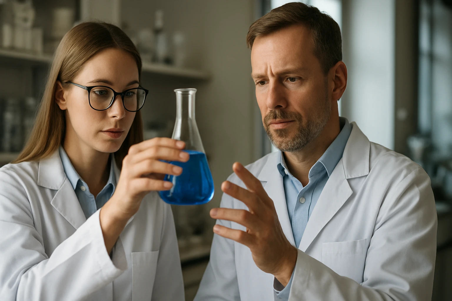 Kémikusok laboratóriumban, kék folyadékot vizsgálva