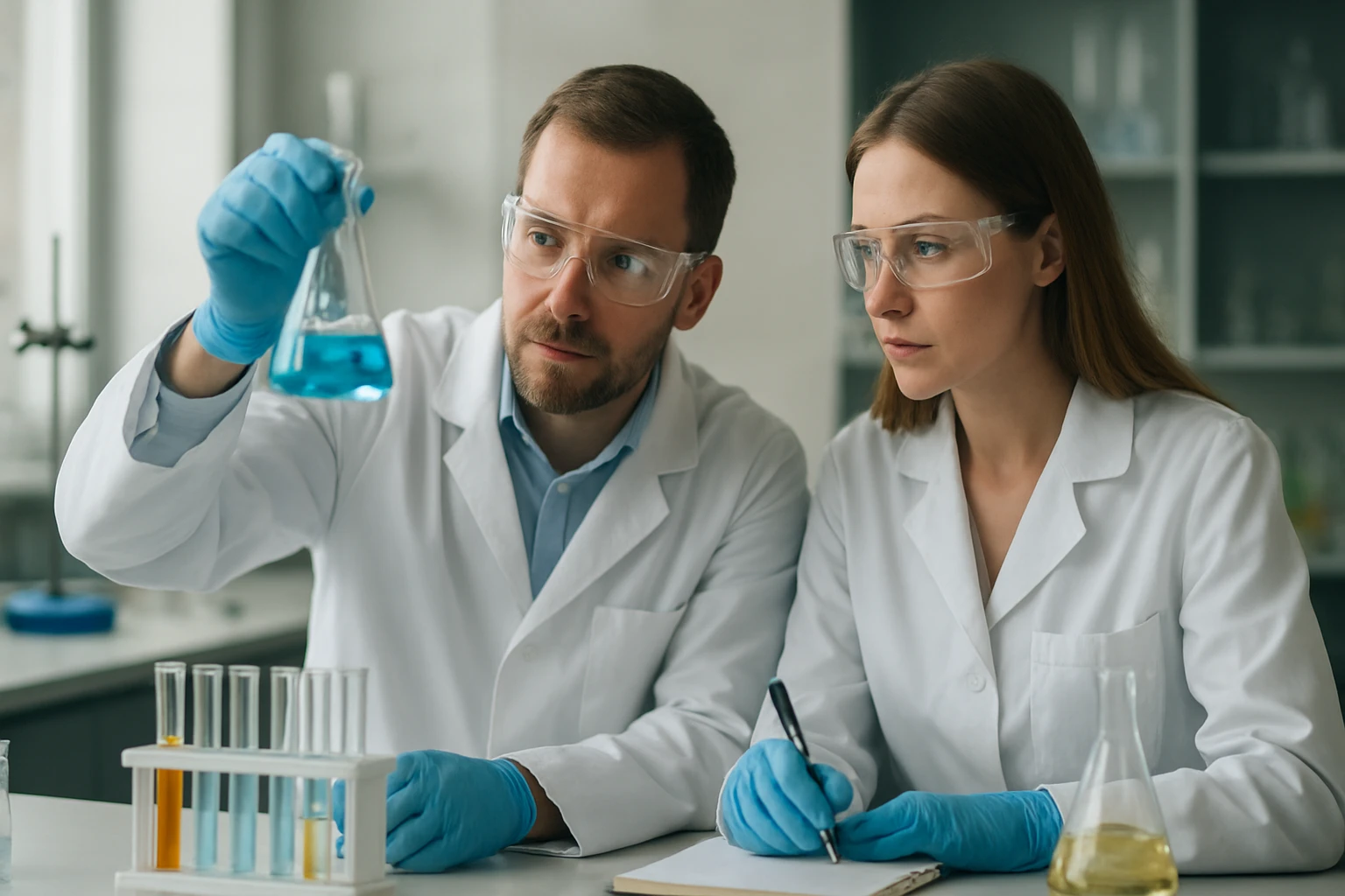 Kötő molekulapálya: Jelentősége és szerepe a kémiai kötésekben Két tudós laboratóriumban, kék folyadékot vizsgálnak kémcsőben.