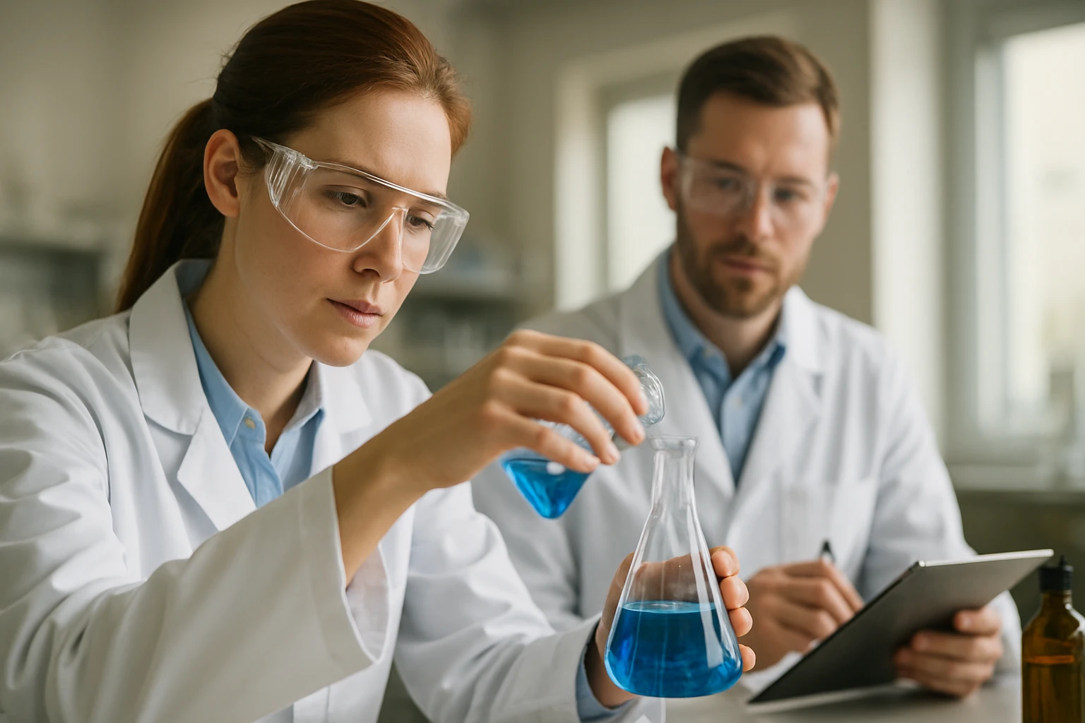 Laboratóriumi kísérlet, ahol tudósok elektrokémiai anyagokat vizsgálnak.