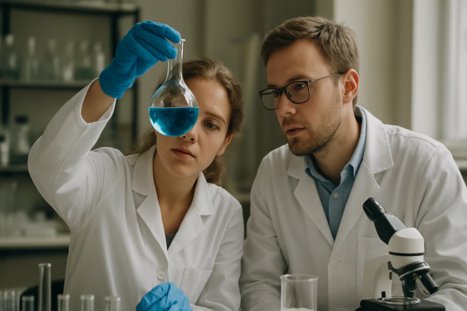 Két kutató laboratóriumi vizsgálat során kémiai oldatot elemez.