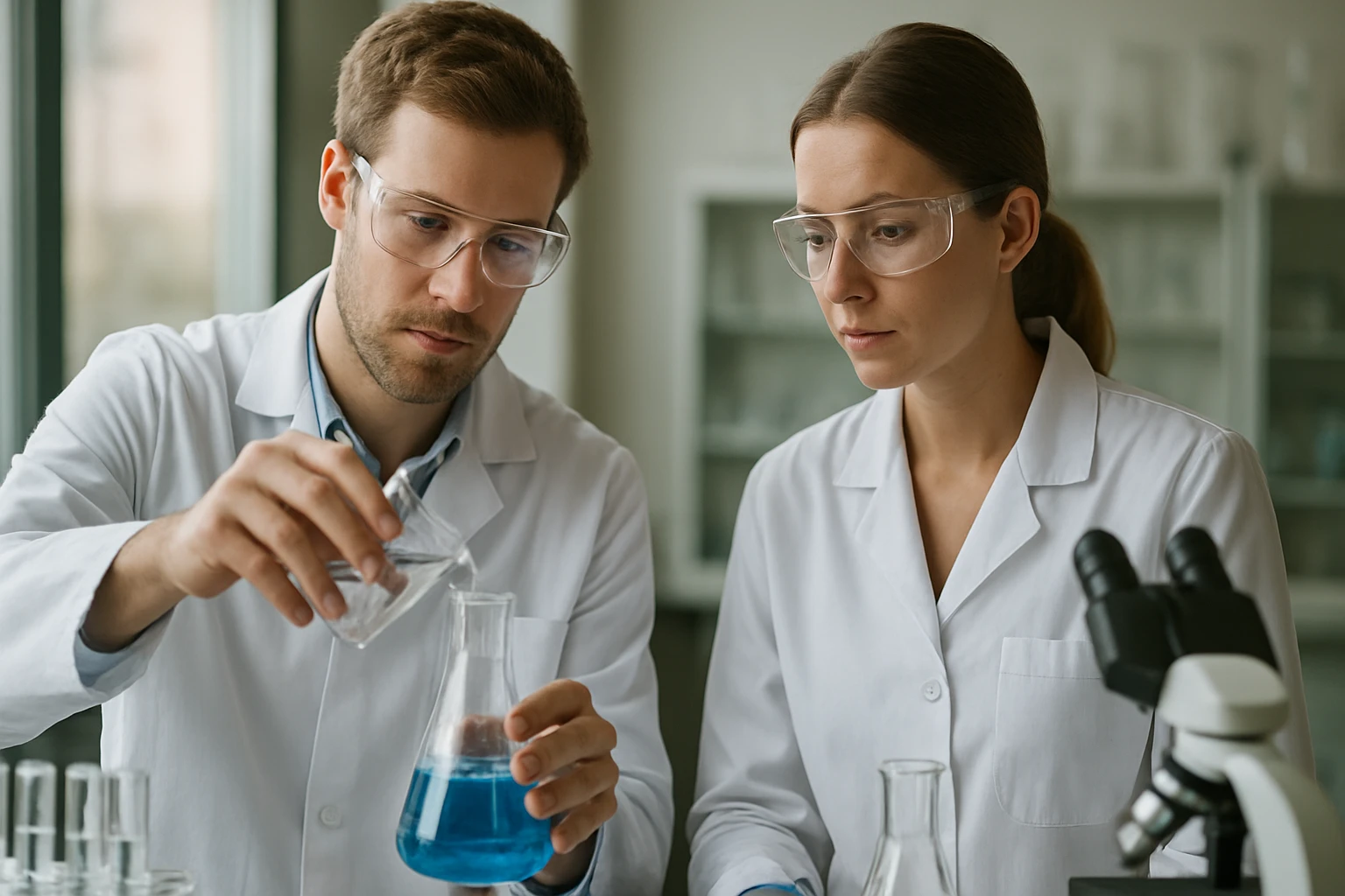 Két tudós kémiai kísérletet végez laboratóriumban.