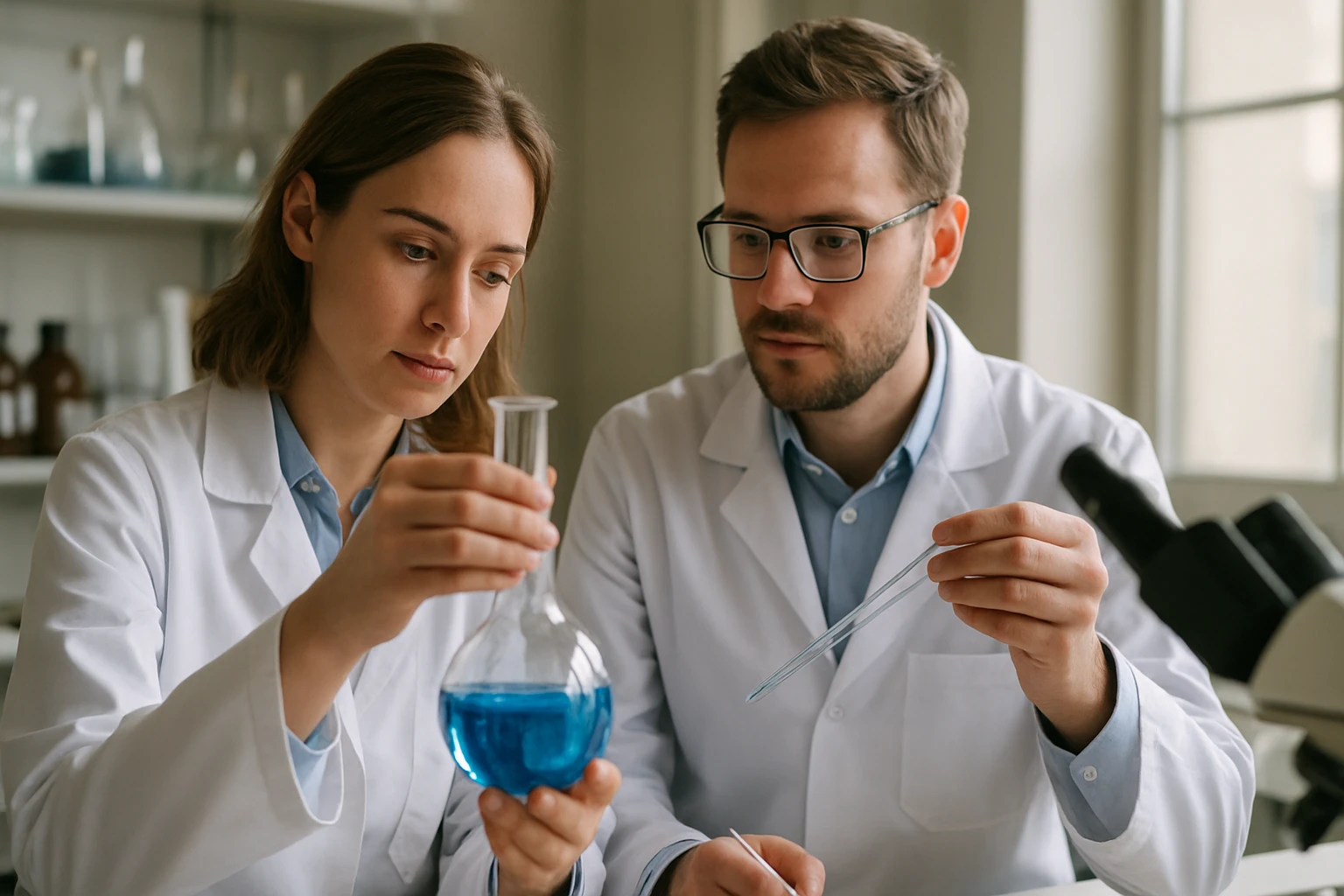 Laboratóriumi kísérlet kémikusokkal ötvözetek vizsgálatakor