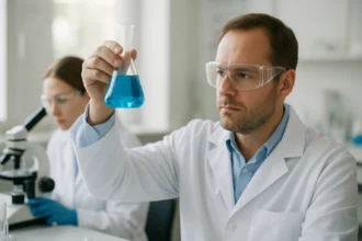 Kémikus bifenil-4,4'-diol mintát vizsgál laborkörnyezetben.