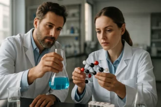 Két kutató a Biopol P3HB-3HV molekuláinak elemzésén dolgozik.