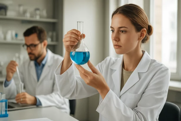 Laboratóriumi kísérlet brómos víz vizsgálatával, női tudós