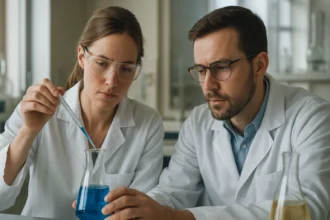 Két kutató kémiai kísérletet végez egy laboratóriumban.