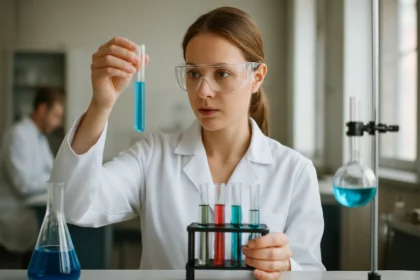 Kémiai kutató brómsavat vizsgál egy laboratóriumban.