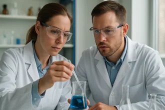 Két tudós laboratóriumban PFOA kutatás közben