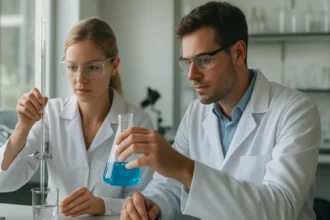 Két tudós laboratóriumban kísérletezik kémiai anyagokkal.