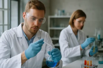 Kémiai kísérlet folytatása laboratóriumban, kémikusok munkája