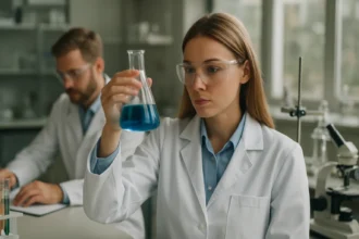 Női kutató laboratóriumban folyadékkristályos polimereket vizsgálva.