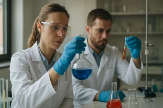 Két tudós laboratóriumban folsavval végzett kísérletet végez