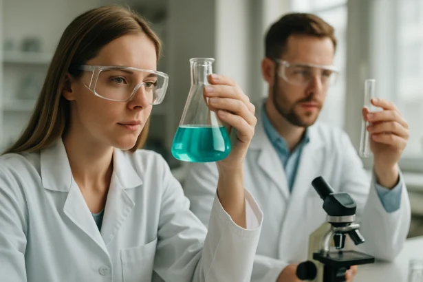 Két tudós laboratóriumban kémiai kísérleteket végez.