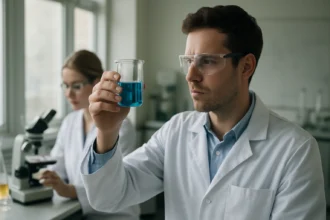 A laboratóriumban kémiai kísérletet végző kutatók