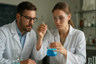 Két kémikus kék folyadékot vizsgál egy laboratóriumban.