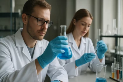 Két tudós laboratóriumban, bróm-trifluorid kísérlet közben.