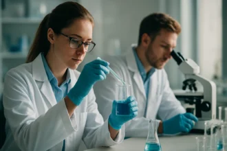 Kémikusok foszfin kutatás közben a laboratóriumban.