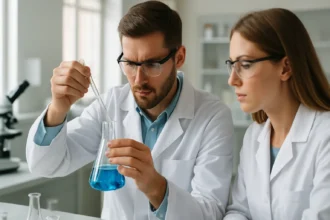 Kémikusok laboratóriumban foszforbronz analízis közben