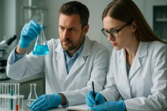 Két kutató a laboratóriumban difoszfor-pentoxid kísérletet végez