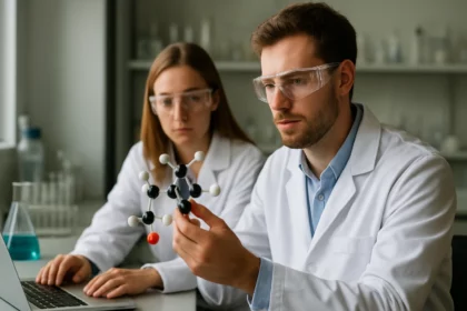 Két vegyész bórvegyületeket tanulmányoz a laboratóriumban.