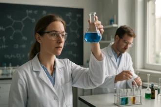 Kémikusok fotoredox katalízist végző laboratóriumban