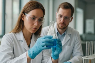 Két kutató ftalimid kémiai analízis közben laboratóriumban.