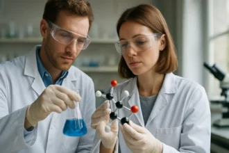 Két kutató brucit kémiai szerkezetét vizsgálja laboratóriumban.