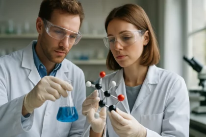 Két kutató brucit kémiai szerkezetét vizsgálja laboratóriumban.