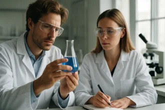 Két laboratóriumi szakember kémiai kísérletet végez, figyelmesen vizsgálva egy kék oldatot.