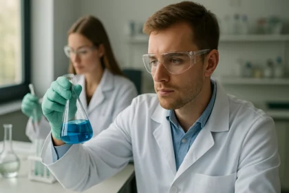 Laboratóriumi kémikus kék folyadékos lombikot vizsgál.