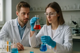 Két kémikus laboratóriumban, vörös és kék folyadékokkal végzik a kísérleteket