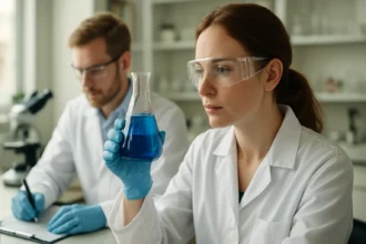 Kémikusok gallium(III)-oxid kísérletet végeznek laboratóriumban.