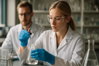 Két kutató laboratóriumi kísérlet közben, benzotriazol vizsgálata