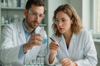 Két tudós laboratóriumban galluszsav kísérletet végeznek.