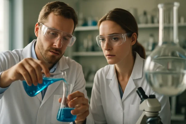 Két tudós kék oldatot készít laboratóriumi környezetben